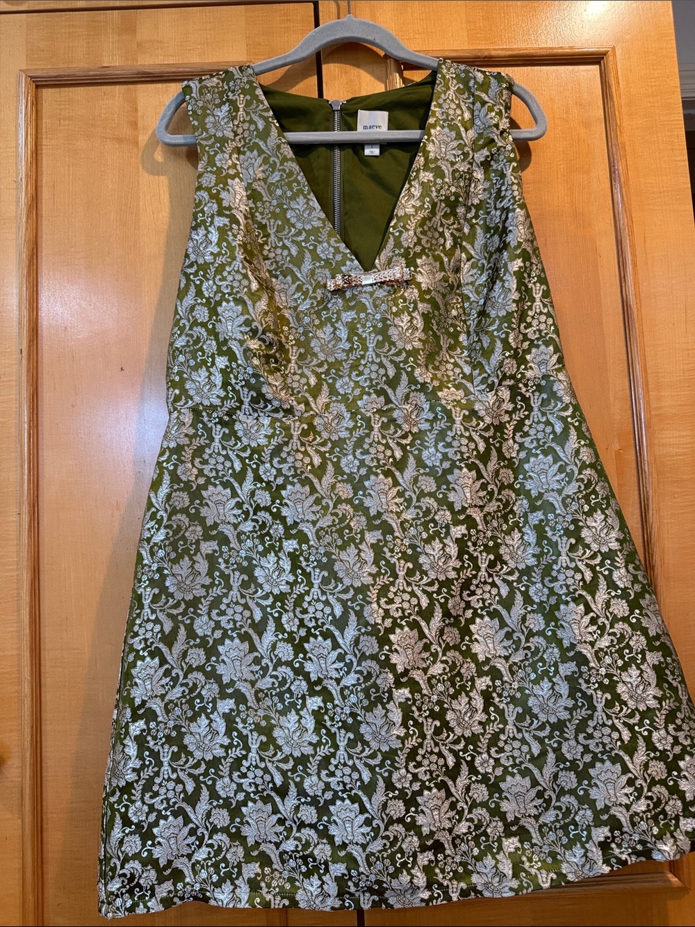 Sleeveless Olive Green Brocade Dress with Silver Floral Jacquard by Maeve🍀